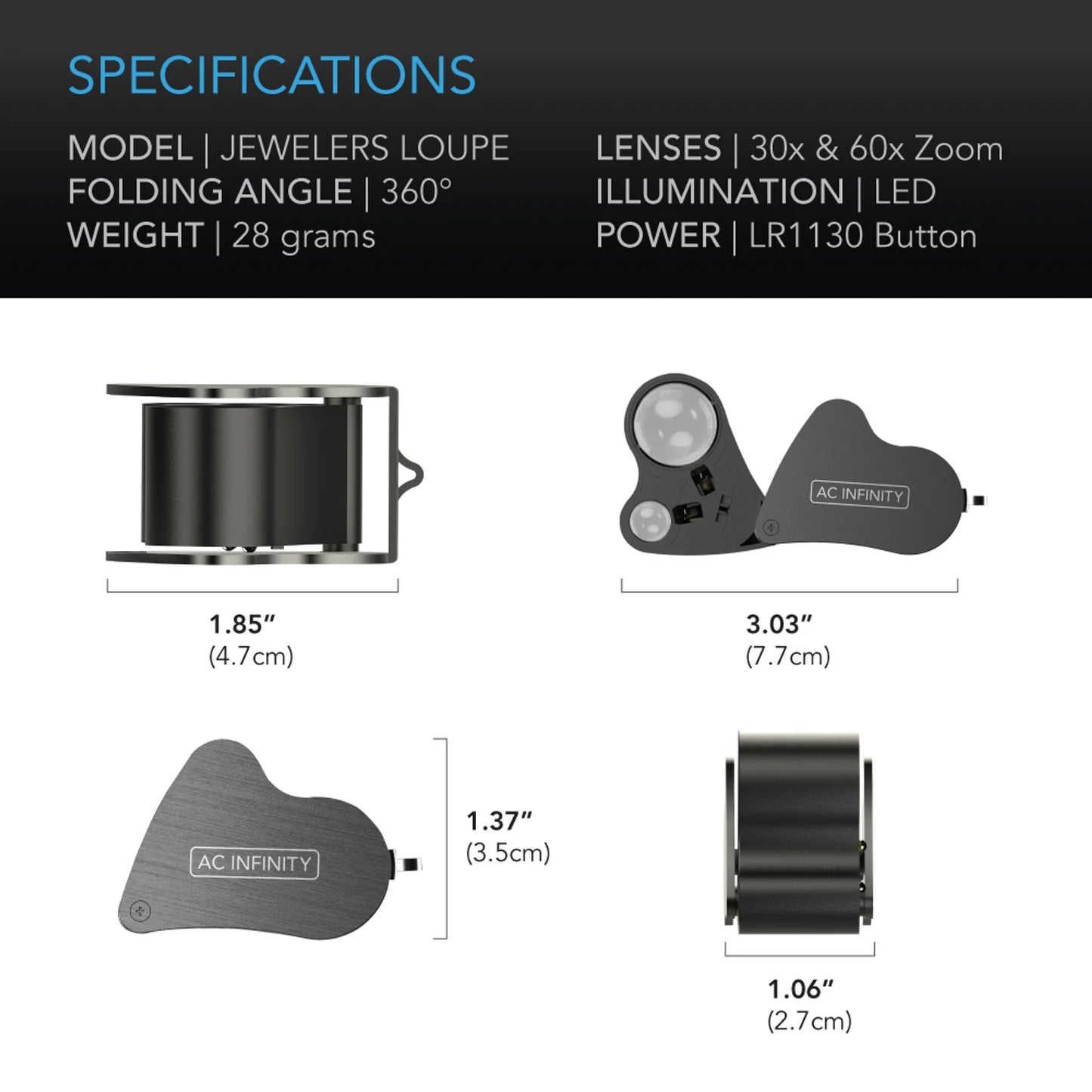 AC Infinity Jewellers Loupe, Pocket Magnifying Glass With Led Light & Dual Lenses