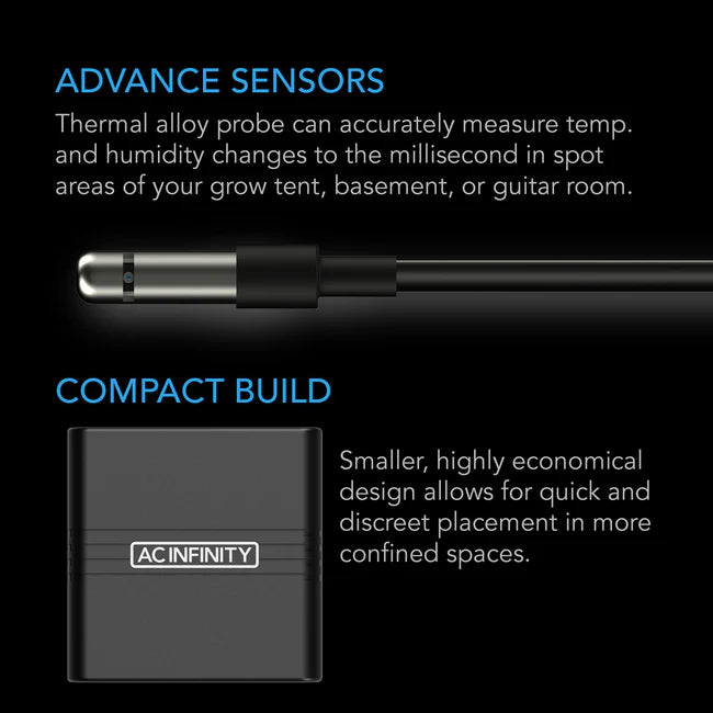 AC Infinity Cloudcom A2, Mini Smart Thermo-Hygrometer With Data App, Integrated Sensor Probe