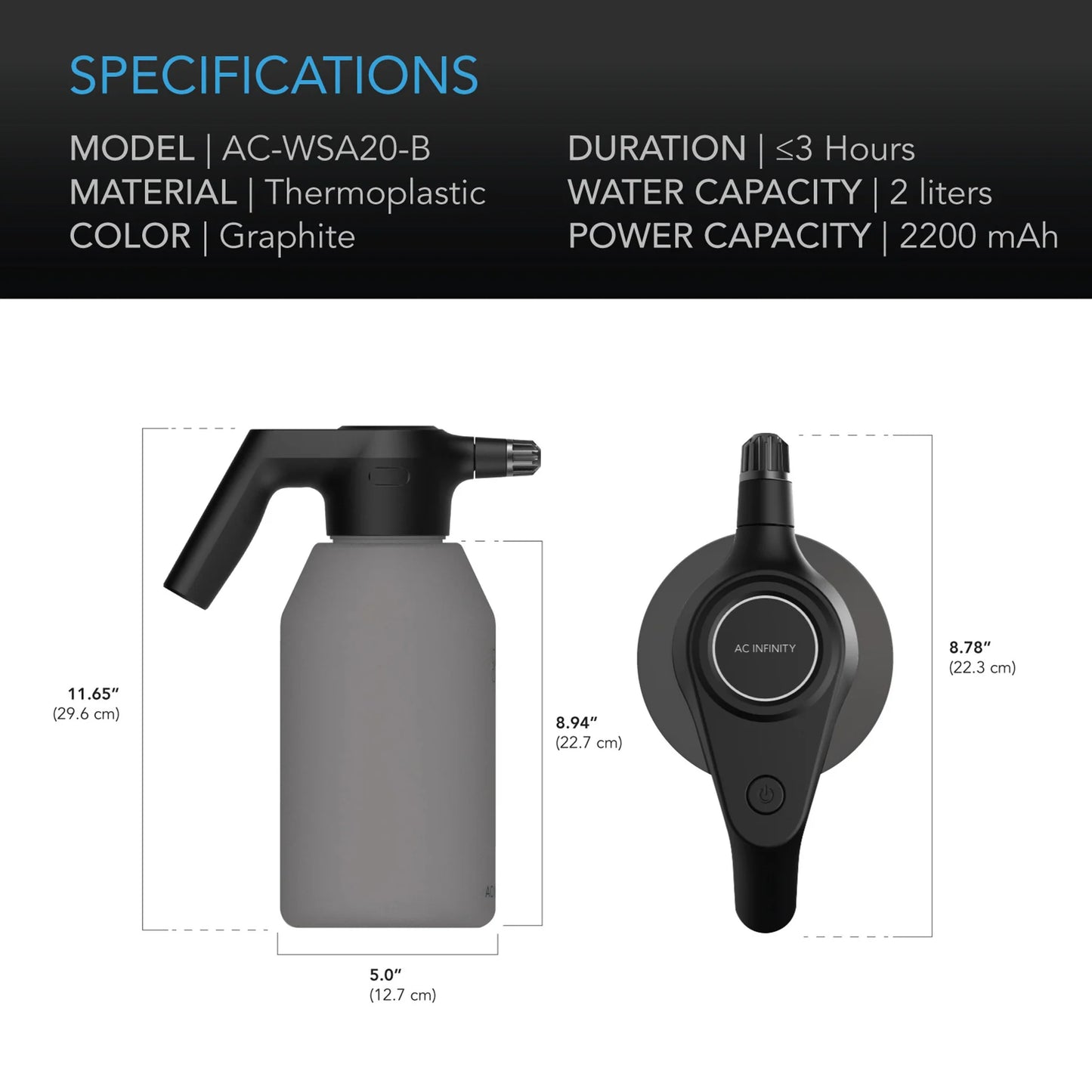 AC Infinity Automatic Water Sprayer 2L Electric Mister, Graphite