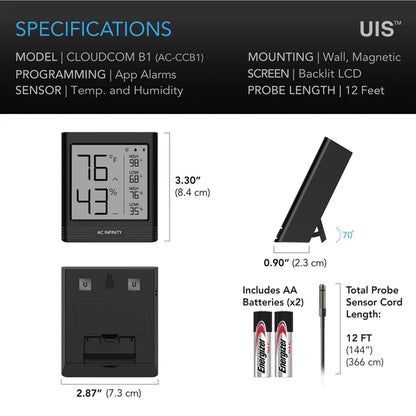 AC Infinity Cloudcom B1, Smart Thermo-Hygrometer With Data App, 12 Ft. Sensor Probe